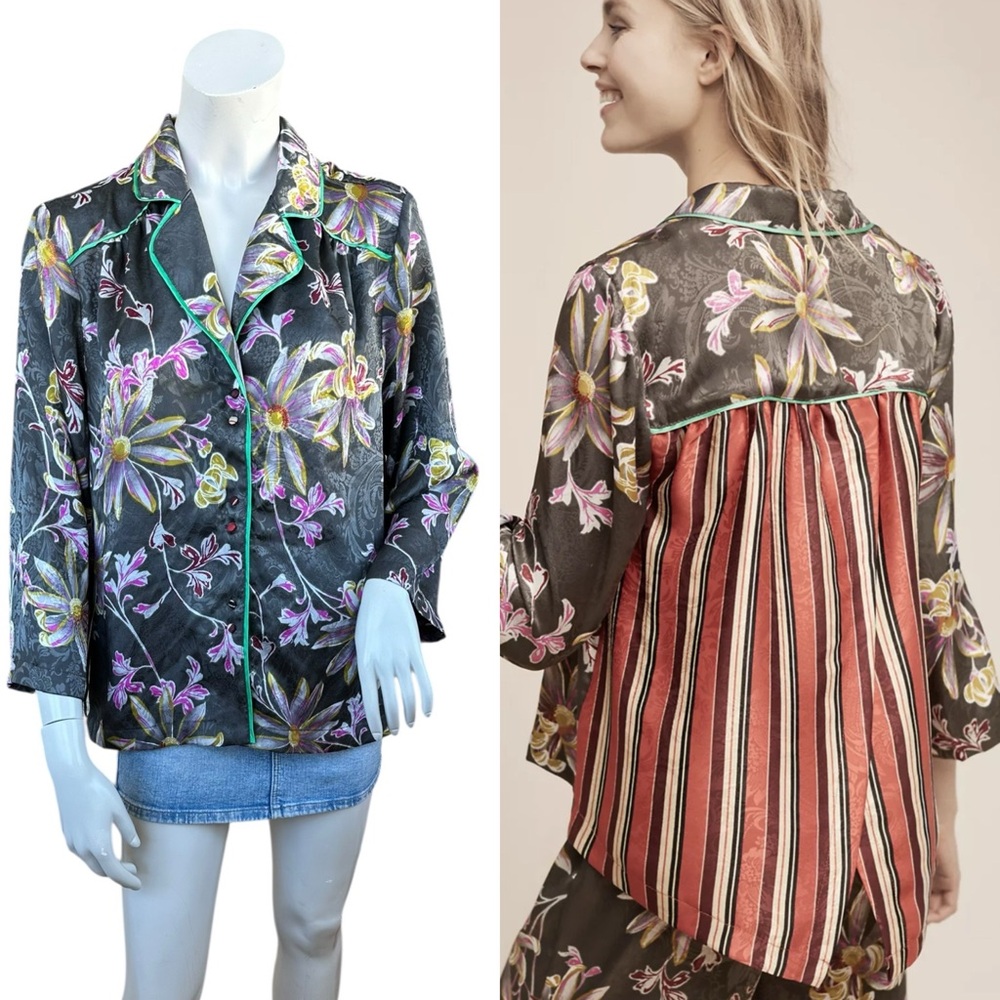 Anthropologie E Eloise Floral Stripe Satin Collared Floral Button Down Sleep Top